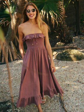 Free People Lush Life Brown Linen Strapless Midi Dress | Sz XS
